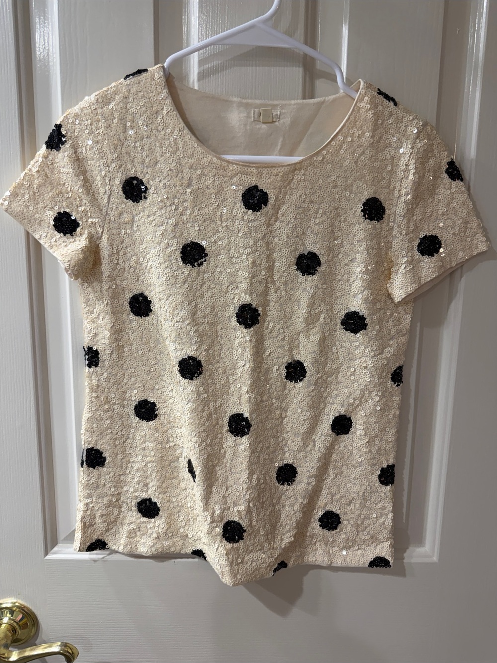 Like New XXS Sequin Polka Dot Short-Sleeve Top — Cream with Black Dots